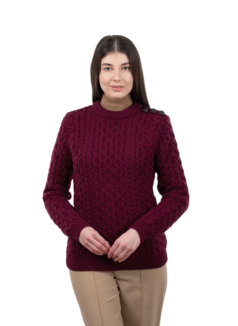Aran Fisherman Irish Side Button Sweater Jumper, 100% Merino Wool Cable Knit Sweater, Crew Neck Traditional Sweater for Women in Four Colors Wine