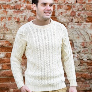 Saol Irish Aran Sweater for Men, 100% Merino Wool Fisherman Sweater, Crew Neck Cable Knit Sweater, Ireland Knitted Jumper, Made in Ireland image 9