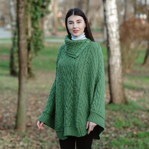 Irish Aran Fisherman Cowl Neck Button Poncho for Ladies, Traditional Three Buttoned Poncho Sweater, 100% Merino Wool Cable Knit Poncho image 7