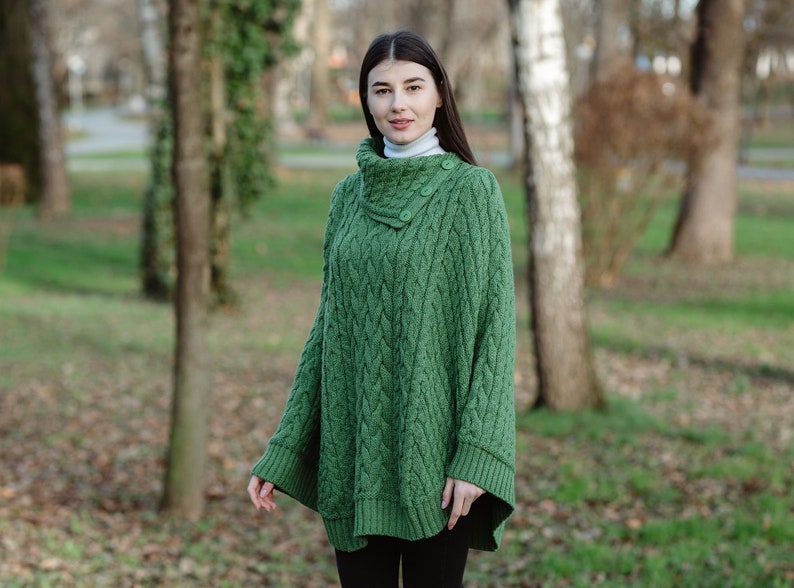 SAOL Aran Irish Cowl Neck Button Poncho Sweater, Fisherman Three Buttoned Cowl Neck Poncho Ruana, 100% Merino Wool Cable Knit Poncho image 5