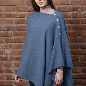 SAOL Lambswool Blend Ruana, Irish Wool Wrap Ladies, Lightweight Poncho Wrap Women, Oversized Scarf, Bridal Lambswool Shawl, Made in Ireland Blue