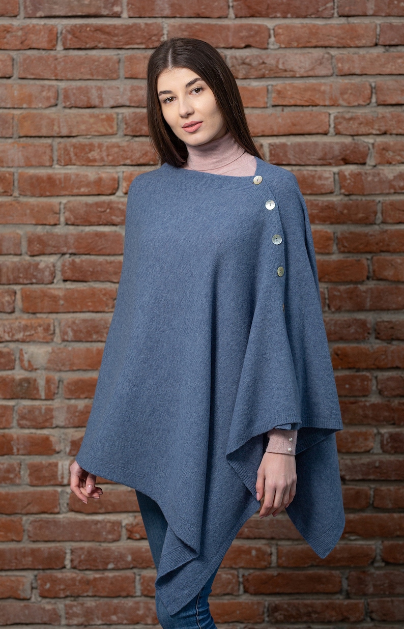 SAOL Lambswool Blend Ruana, Irish Wool Wrap Ladies, Lightweight Poncho Wrap Women, Oversized Scarf, Bridal Lambswool Shawl, Made in Ireland Blue