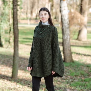 SAOL Aran Irish Cowl Neck Button Poncho Pull, Fisherman Three Buttoned Cowl Neck Poncho Ruana, 100% Merino Wool Cable Knit Poncho Army Green