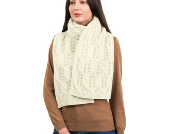 Aran Leaf Scarf for Ladies, Irish Traditional Heavyweight Merino Wool Muffler for Women, 100% Premium Quality Merino Wool, Made in Ireland