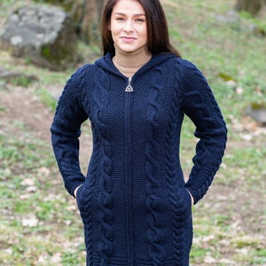 Aran Fisherman Women's Hooded Zip Ireland Cardigan: 100% Merino Wool Cable Rope & Braid Design Irish Soft, Warm Coat Winter/Fall image 1
