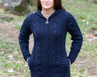 Aran Fisherman Women's Hooded Zip Ireland Cardigan: 100% Merino Wool - Cable Rope & Braid Design - Irish Soft, Warm Coat - Winter/Fall