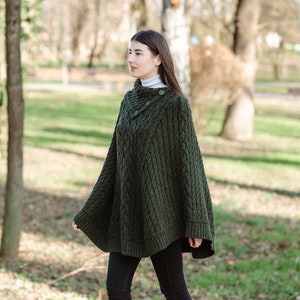 SAOL Fisherman Cowl Neck Button Poncho Ruana for Women, Aran Irish Three Buttoned Cowl Neck Poncho, 100% Merino Wool Cable Knit Poncho Army Green