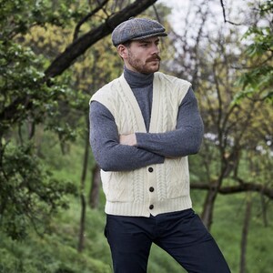 Aran Irish Vest with Buttons & Pockets for Men, 100% Merino Wool Knit Waistcoat, Sleeveless Knit Open Cardigan, Made in Ireland Natural White