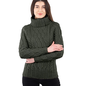 Irish Aran Cable Knit Sweater for Ladies, Fisherman Traditional Turtleneck Half Zipped Jumper for Women, 100% Irish Merino Wool Sweater image 9