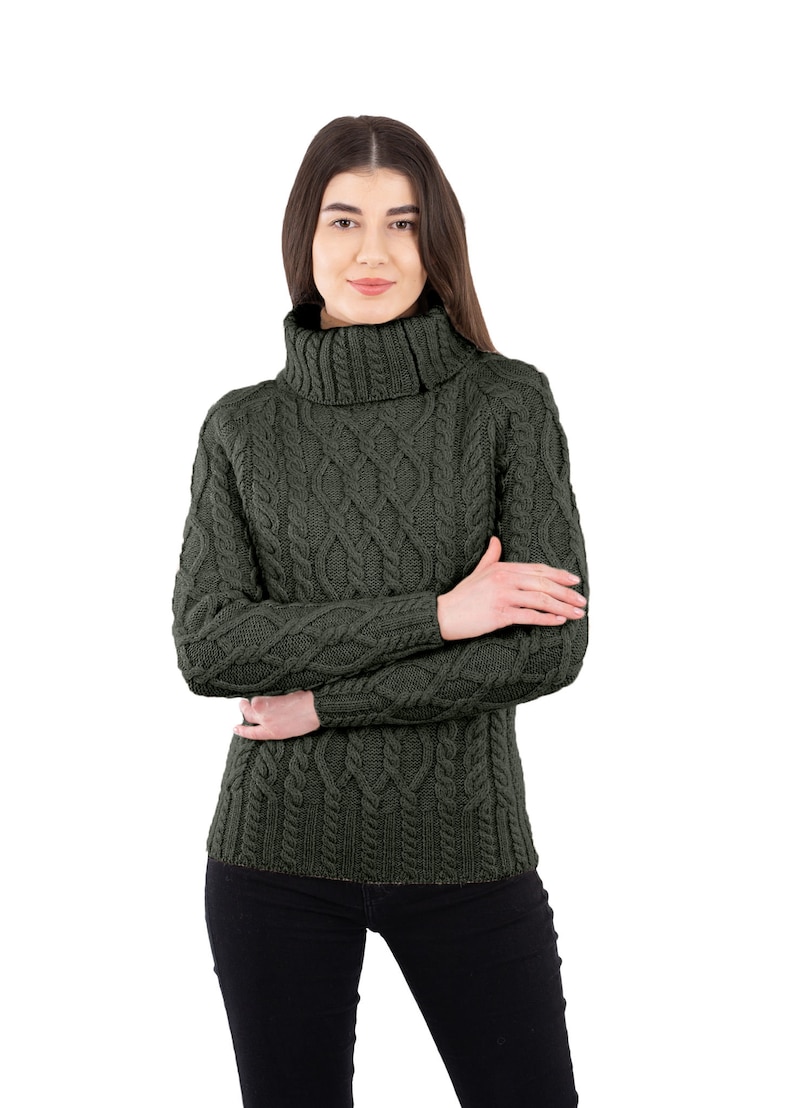 Irish Aran Cable Knit Sweater for Ladies, Fisherman Traditional Turtleneck Half Zipped Jumper for Women, 100% Irish Merino Wool Sweater image 9