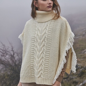 Fisherman Aran Cowl Neck Wool Knit Cape for Women: 100% Merino Wool Beautiful, Soft, Warm, & Durable Poncho Irish Knitting One Size image 1