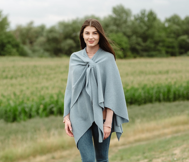 Lightweight Lambswool Drapped Poncho Shawl for Ladies, Irish Wool Ruana Wrap, Bridal Lambswool Shawl for Ladies Sky Blue