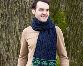 Shamrock Aran Cable Knit Wool Scarf for Men: 100% Merino Wool — Super Soft and Warm — Rugged & Chunky Look — St. Patrick’s Day