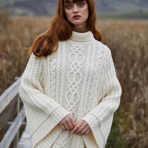 Saol Aran Fisherman Cable Knit Poncho, Turtleneck Merino Wool Poncho, Irish Merino Wool Poncho in White & Wine Color, Made in Ireland image 2