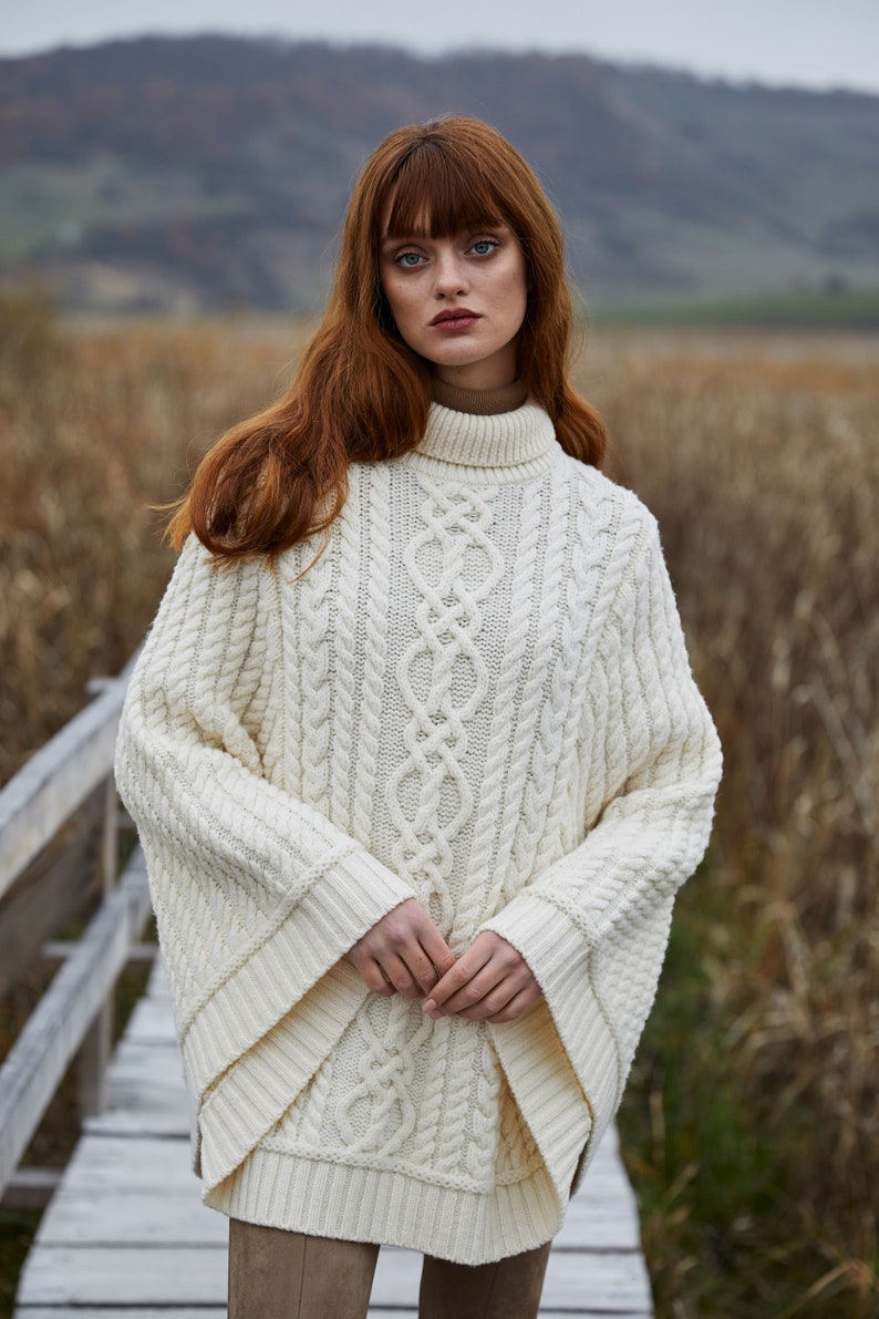 Saol Aran Fisherman Cable Knit Poncho, Turtleneck Merino Wool Poncho, Irish Merino Wool Poncho in White & Wine Color, Made in Ireland image 2