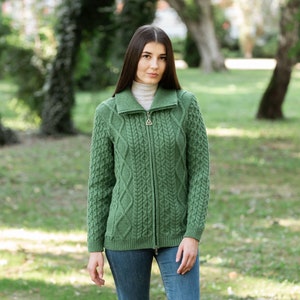 Aran Cable Knit Bomber Jacket, 100% Merino Cable Knit Cardigan Sweater for Women, Made in Ireland image 8