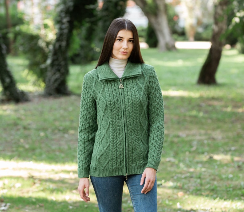 Aran Cable Knit Bomber Jacket, 100% Merino Cable Knit Cardigan Sweater for Women, Made in Ireland image 8