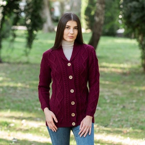 Aran Traditional Ladies Shawl Neck Cardigan Sweater for Women, V-neck Shawl Collar Cardigan for Ladies, Irish Fisherman Buttoned Cardigan Wine