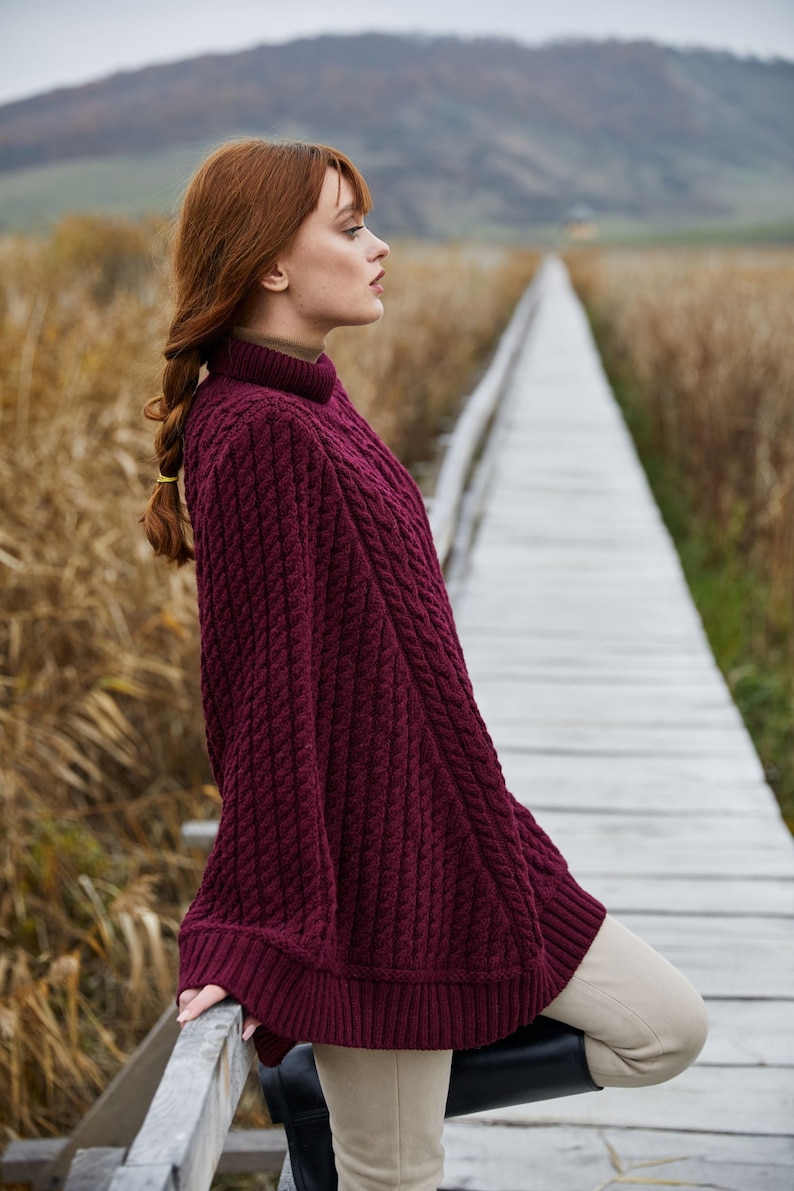 Saol Aran Fisherman Cable Knit Poncho, Turtleneck Merino Wool Poncho, Irish Merino Wool Poncho in White & Wine Color, Made in Ireland image 8