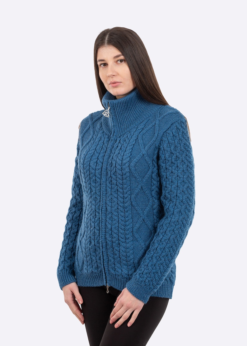 Aran Cable Knit Bomber Jacket, 100% Merino Cable Knit Cardigan Sweater for Women, Made in Ireland Teal