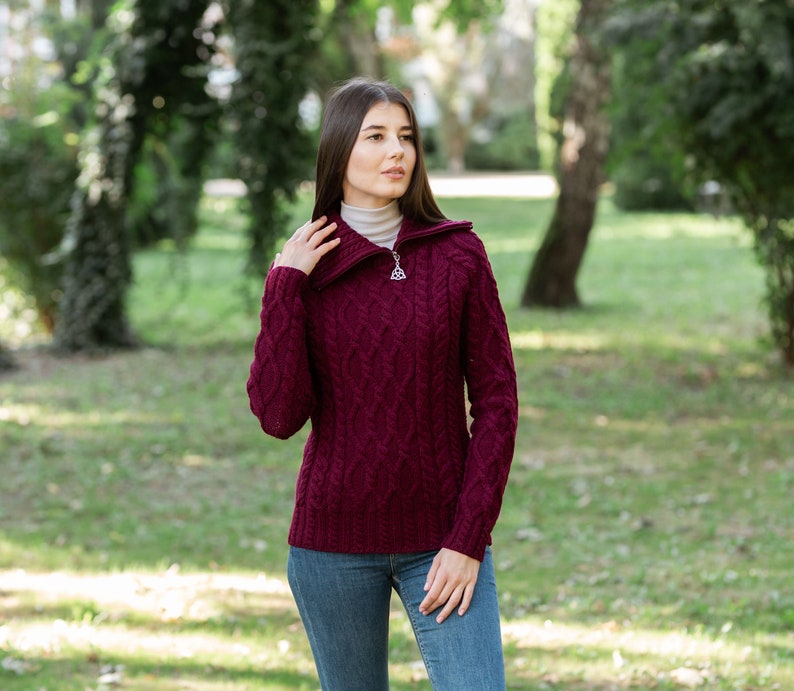 Irish Aran Cable Knit Sweater for Ladies, Fisherman Traditional Turtleneck Half Zipped Jumper for Women, 100% Irish Merino Wool Sweater Wine