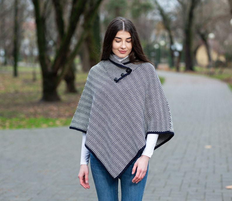 Saol Irish Aran Wool Poncho, Herringbone Poncho Shawl for Ladies, Merino Wool Blend Cape, Knitted Poncho Button Closure, Made in Ireland Navy Blue