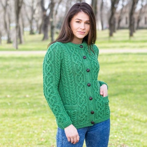 Saol AranTraditional Button Irish Cardigan Sweater 100% Merino Wool Cable Knit Jacket Soft & Warm Button Closure Front Pockets Green