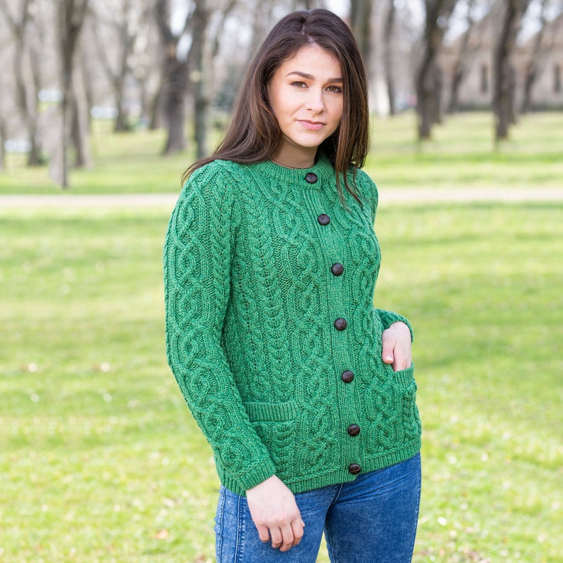 Saol AranTraditional Button Irish Cardigan Sweater 100% Merino Wool Cable Knit Jacket Soft & Warm Button Closure Front Pockets Green