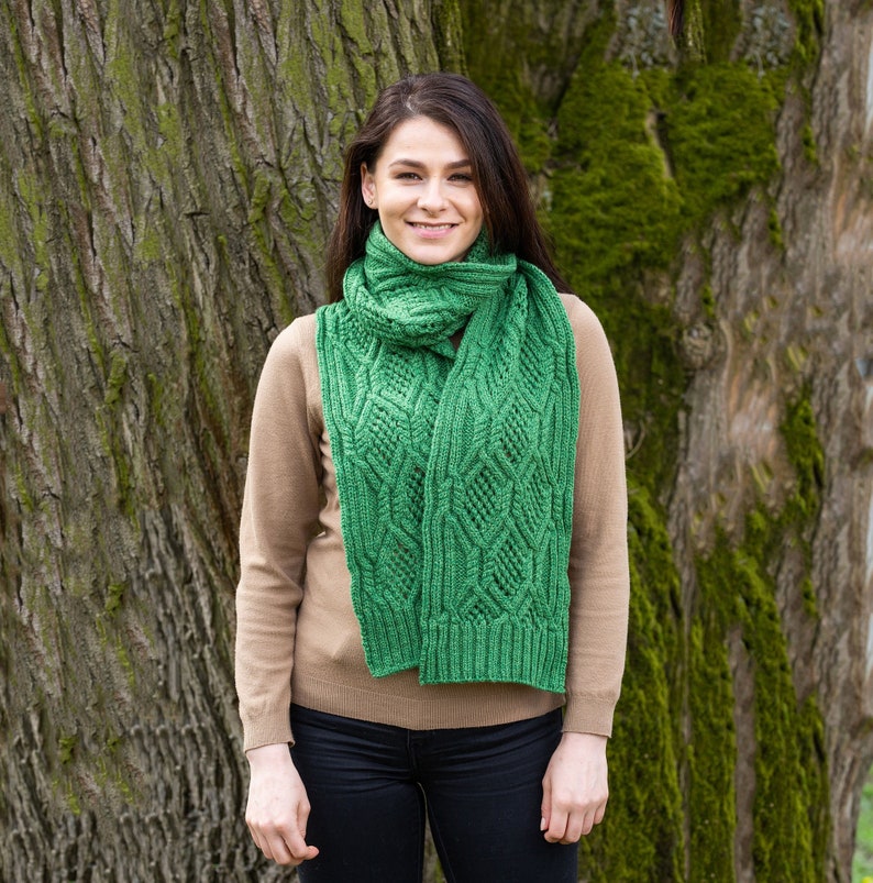 SAOL Aran Cable Knit Scarf for Ladies: 100% Merino Wool Scarf Extra Soft and Super Warm Muffler Irish Aran Knitting Made in Ireland Green