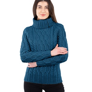 Irish Aran Cable Knit Sweater for Ladies, Fisherman Traditional Turtleneck Half Zipped Jumper for Women, 100% Irish Merino Wool Sweater image 4