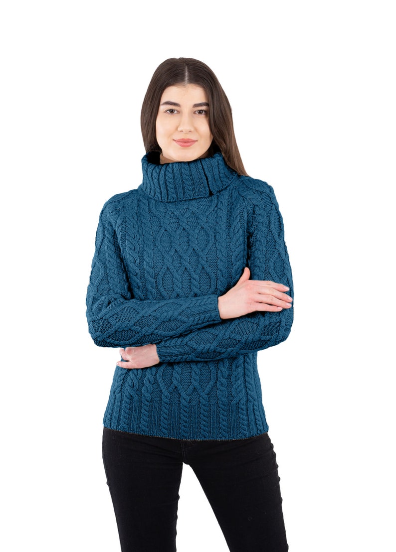 Irish Aran Cable Knit Sweater for Ladies, Fisherman Traditional Turtleneck Half Zipped Jumper for Women, 100% Irish Merino Wool Sweater image 4