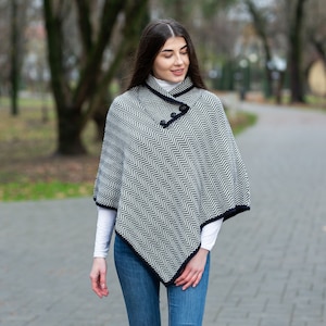 Traditional Irish Aran Wool Poncho for Women, Herringbone Poncho Shawl , Merino Wool Blend Cape, Knitted Poncho with Button Closure image 8