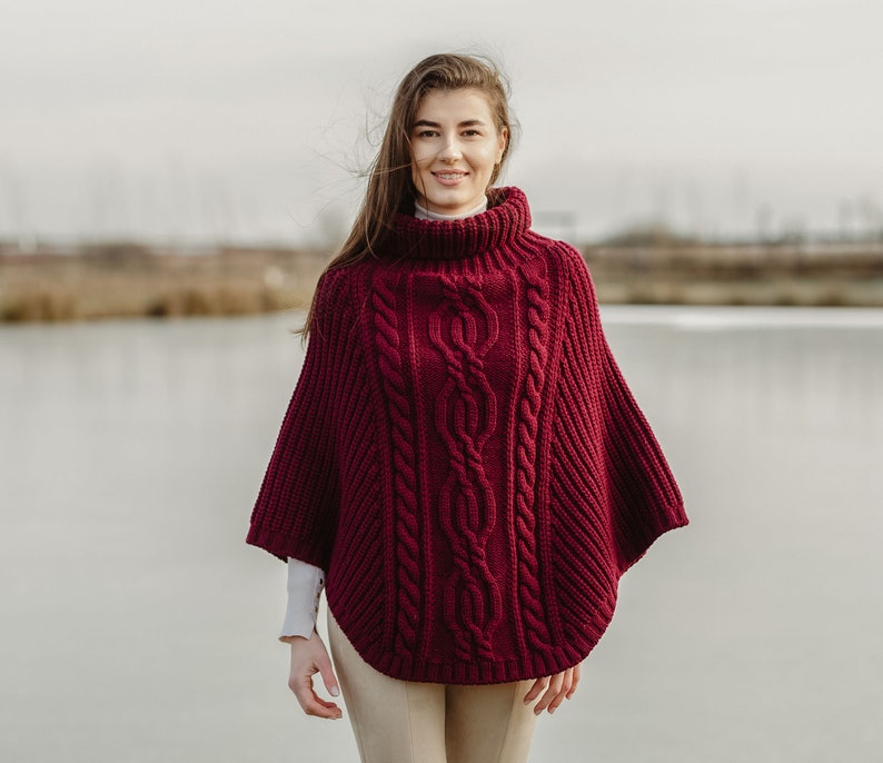 Aran Cowl Neck Knit Poncho for Women: 100% Merino Wool Wrap Shawl Winter Soft, Warm Cape Irish Aran Knitting Mantle One Size Fits All Wine