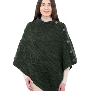 Saol Aran Traditional Cable Knit Cowl Neck Poncho, 100% Premium Quality Merino Wool Shawl, Fisherman Poncho For Women, Made In Ireland Army Green