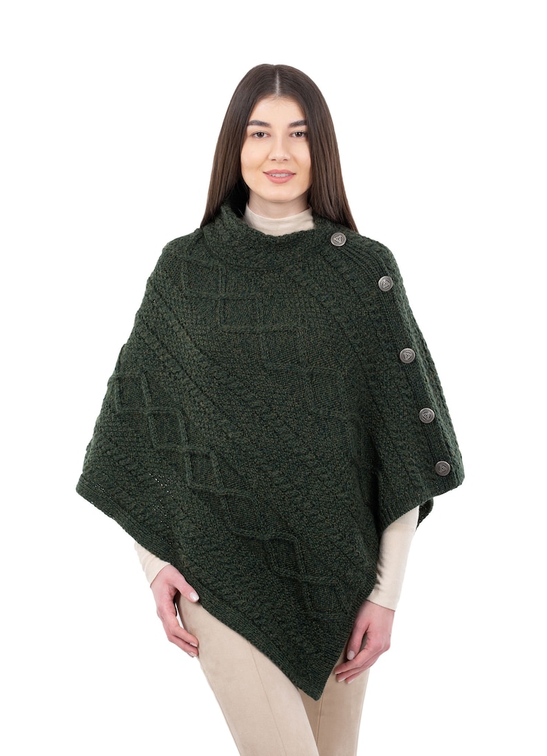 Saol Aran Traditional Cable Knit Cowl Neck Poncho, 100% Premium Quality Merino Wool Shawl, Fisherman Poncho For Women, Made In Ireland Army Green