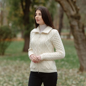 Aran Cable Knit Bomber Jacket, 100% Merino Cable Knit Cardigan Sweater for Women, Made in Ireland image 9