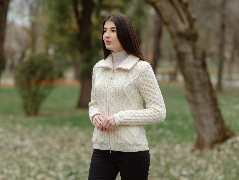 Aran Cable Knit Bomber Jacket, 100% Merino Cable Knit Cardigan Sweater for Women, Made in Ireland image 9