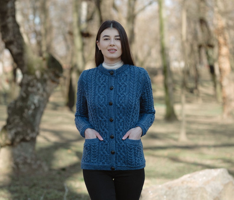 Aran Fisherman Cardigan Sweater 100% Traditional Irish Merino Wool Jacket Soft & Warm Jacket Button Closure Front Pockets Marl Blue