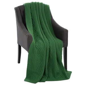 Fisherman Aran Merino Wool Throw Blanket: 100% Merino Wool Heavyweight Throw Super Soft & Warm Couch Cuddle Celtic Dara Knot Green