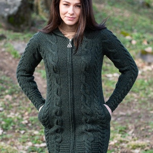 Aran Fisherman Women's Hooded Zip Ireland Cardigan: 100% Merino Wool Cable Rope & Braid Design Irish Soft, Warm Coat Winter/Fall image 2