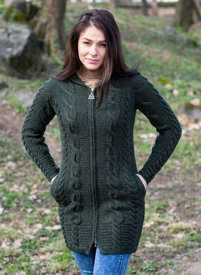 Aran Fisherman Women's Hooded Zip Ireland Cardigan: 100% Merino Wool Cable Rope & Braid Design Irish Soft, Warm Coat Winter/Fall image 2