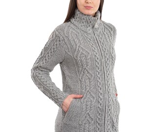 SAOL Aran Irish Ladies Standing Neck Coat Cardigan for Ladies, 100% Merino Wool Cardigan for Women with Celtic Zipper, Made in Ireland