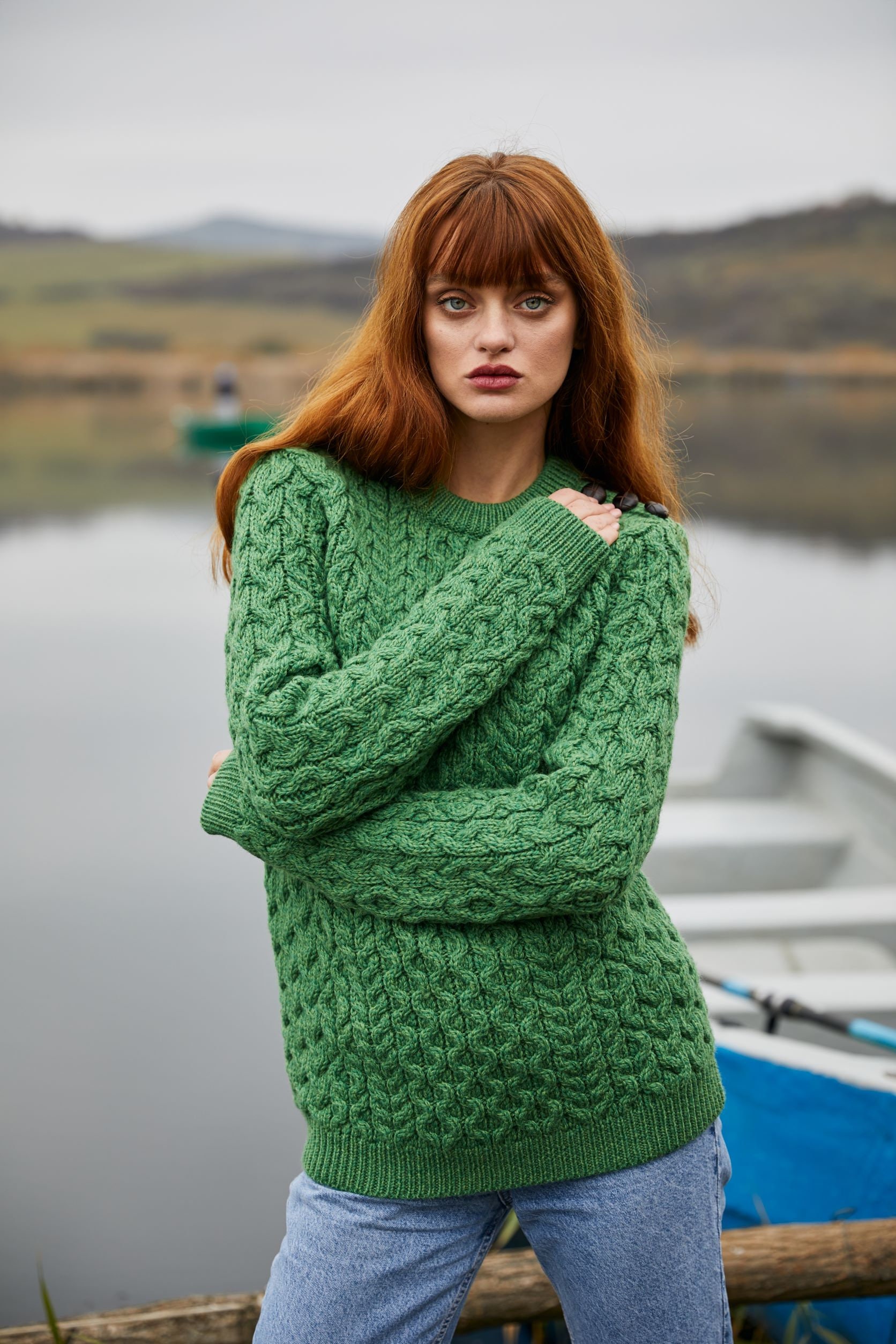 Irish Aran Fisherman Side Button Sweater Ladies, 100% Premium Heavyweight Merino Wool Cable Knit Jumper - Crew Neck - 3 Buttons Closure