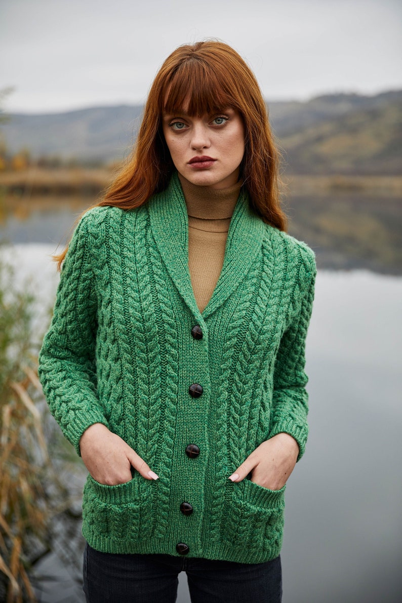 SAOL Merino Shawl Neck Cardigan for Ladies, 100% Merino Wool Buttoned V-neck Cardigan Sweater with Pockets for Women, Made in Ireland Green