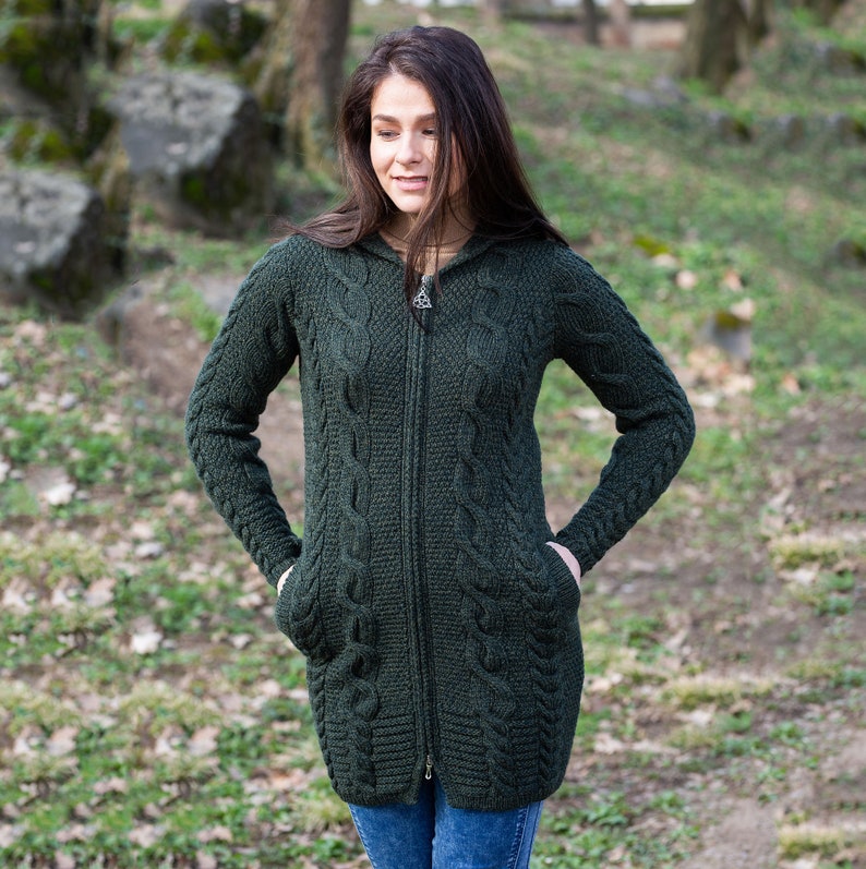Aran Fisherman Women's Hooded Zip Ireland Cardigan: 100% Merino Wool Cable Rope & Braid Design Irish Soft, Warm Coat Winter/Fall image 4