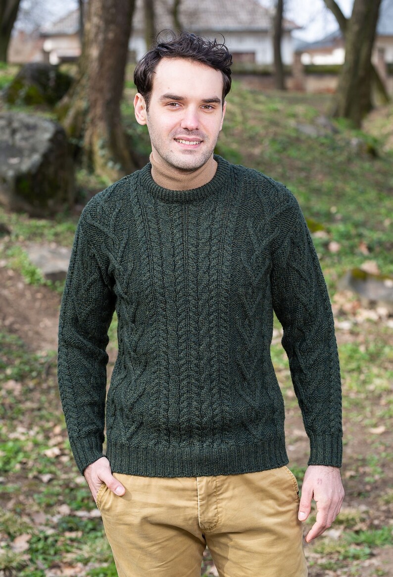 Saol Irish Aran Sweater for Men, 100% Merino Wool Fisherman Sweater, Crew Neck Cable Knit Sweater, Ireland Knitted Jumper, Made in Ireland image 1