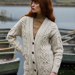 SAOL Cable Knit Boyfriend Cardigan with Front Pockets, 100% Merino Wool Cable Knit Sweater for Women, Made in Ireland Parsnip