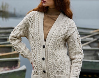 SAOL Cable Knit Boyfriend Cardigan with Front Pockets, 100% Merino Wool Cable Knit Sweater for Women, Made in Ireland