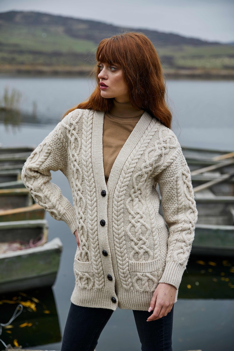 SAOL Cable Knit Boyfriend Cardigan with Front Pockets, 100% Merino Wool Cable Knit Sweater for Women, Made in Ireland Parsnip