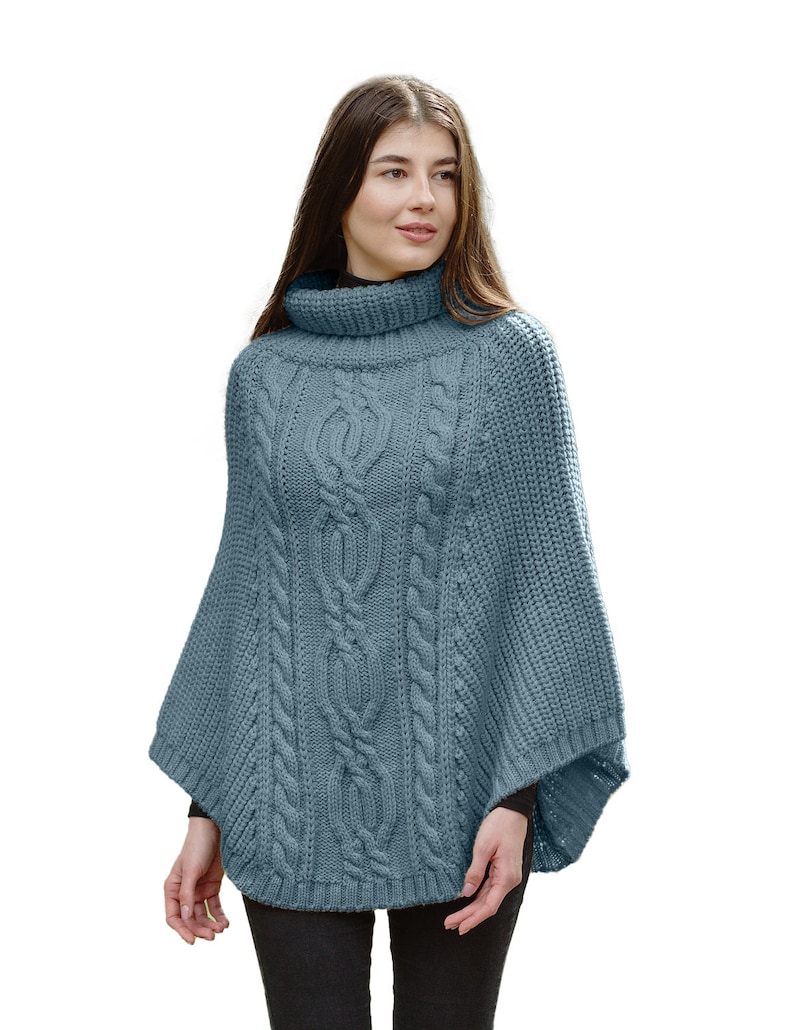 Aran Cowl Neck Knit Poncho for Women: 100% Merino Wool Wrap Shawl Winter Soft, Warm Cape Irish Aran Knitting Mantle One Size Fits All image 2